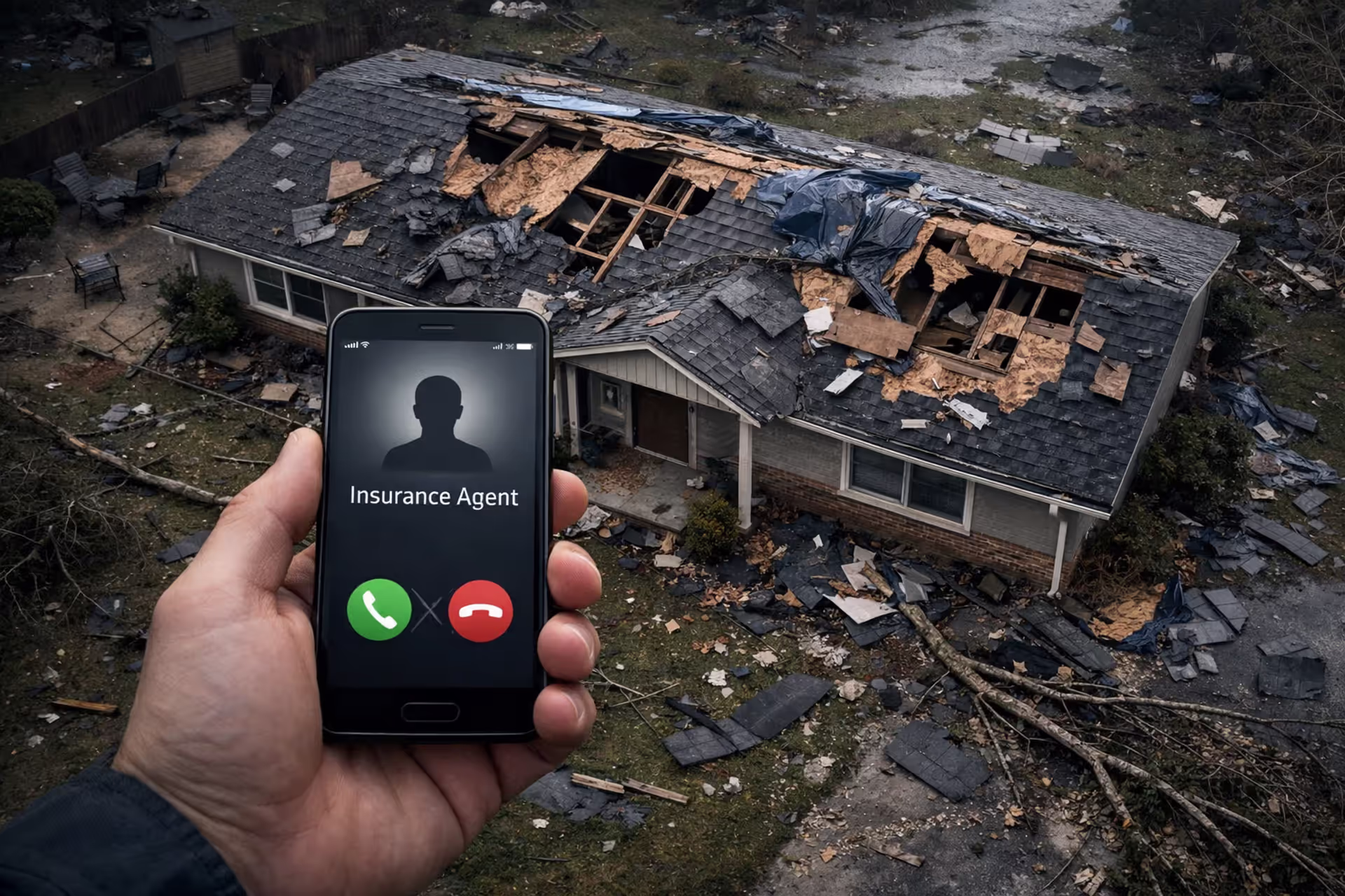 Homeowner holding smartphone calling insurance agent while looking at storm-damaged roof of residential house