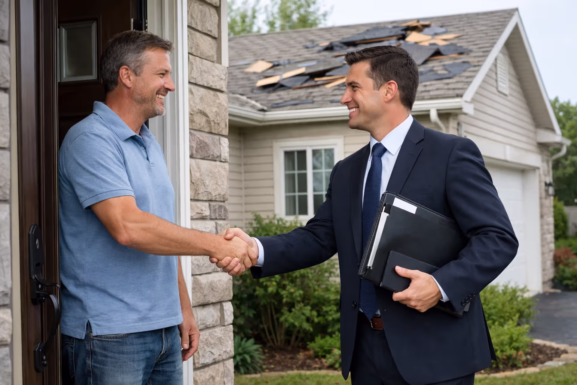 Homeowner shaking hands with insurance adjuster holding clipboard at front door of residential house with minor roof damage