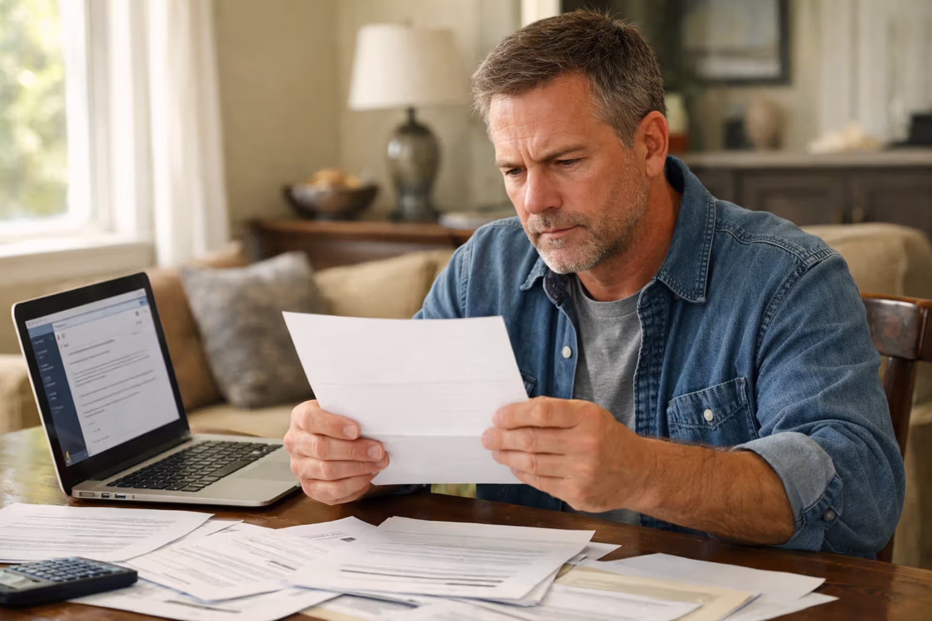 Homeowner reviewing insurance settlement documents and contractor estimates at a dining table