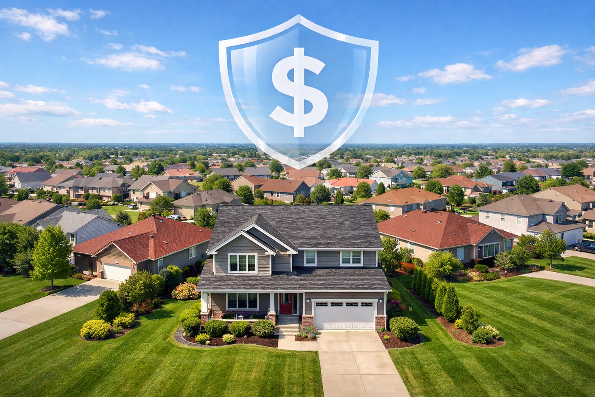 Aerial view of American suburban neighborhood with houses and a translucent insurance shield icon with dollar sign overlay