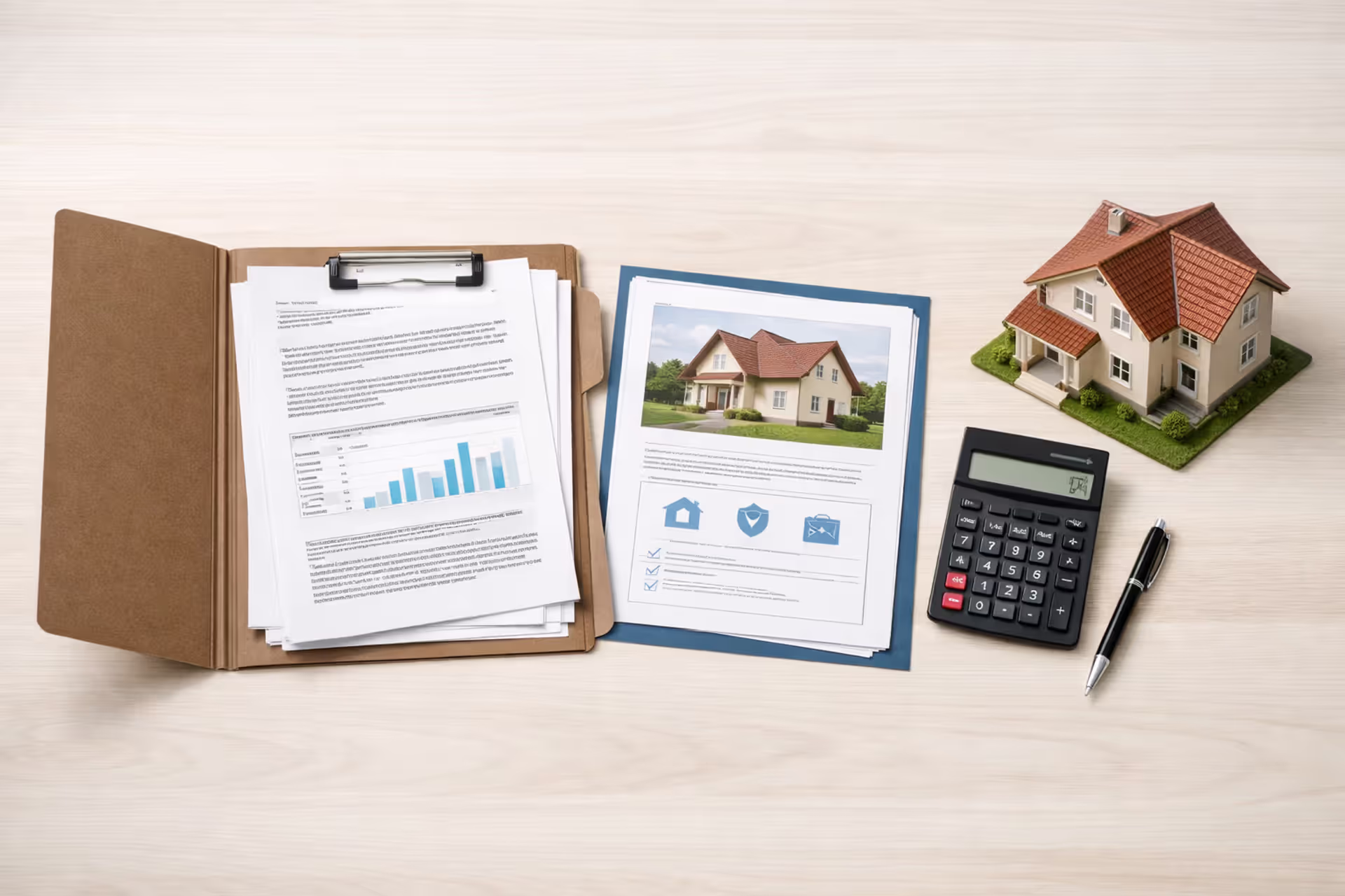 Mortgage documents, home insurance policy, calculator, and small house model on a desk