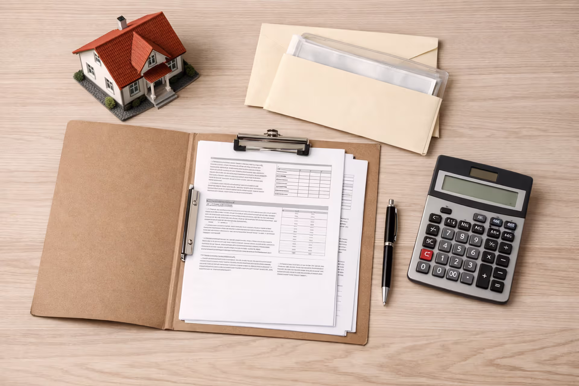 Mortgage documents, small house model, insurance envelope, and calculator on a desk — escrow and homeowners insurance concept