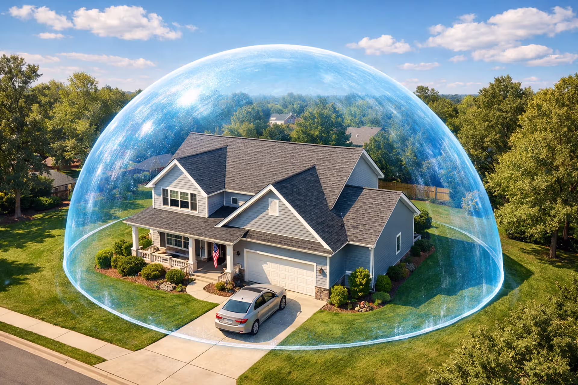 Suburban American house with green lawn under translucent blue protective insurance shield dome on a sunny day aerial angle view