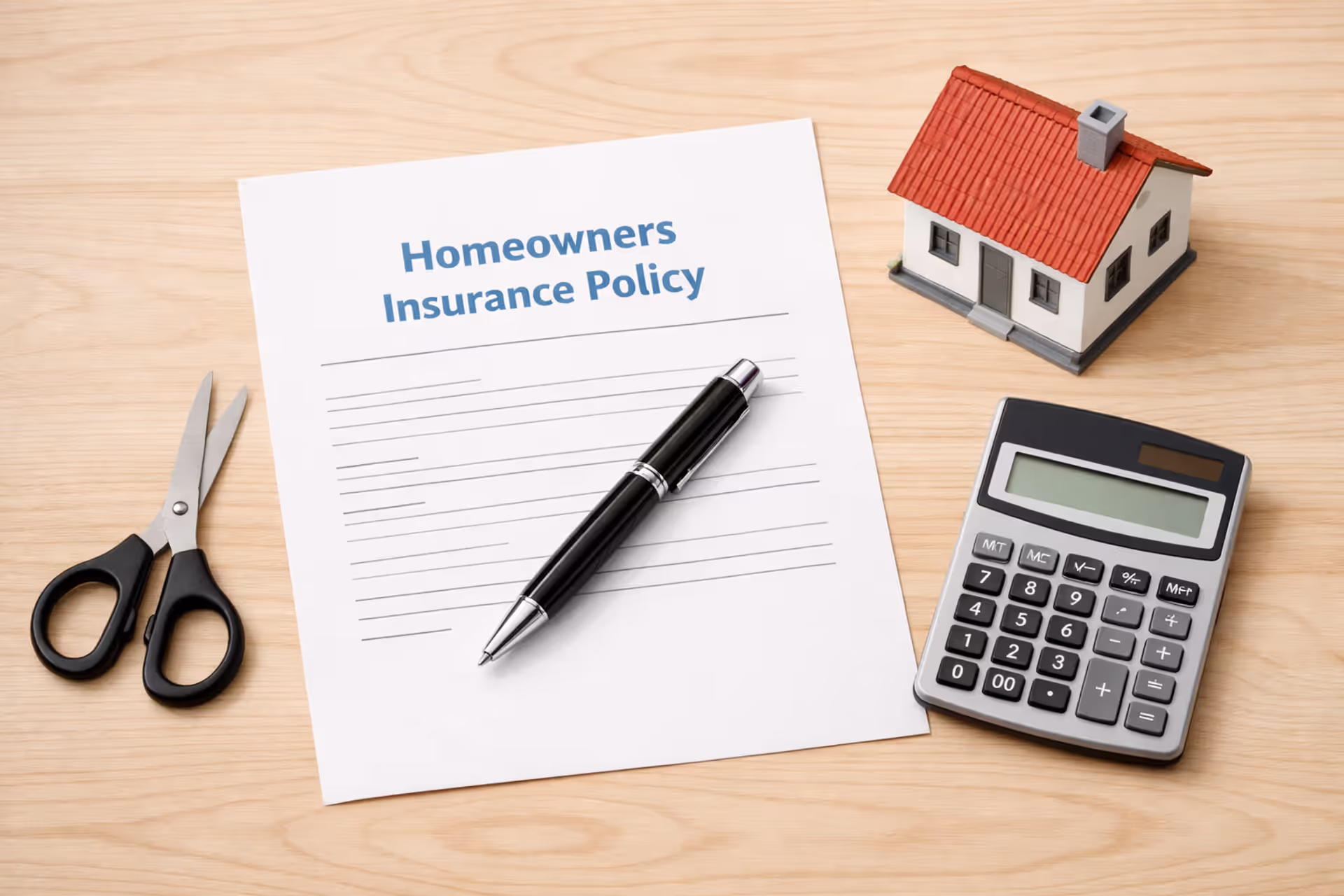 Homeowners insurance policy document on wooden desk with scissors pen small house model and calculator