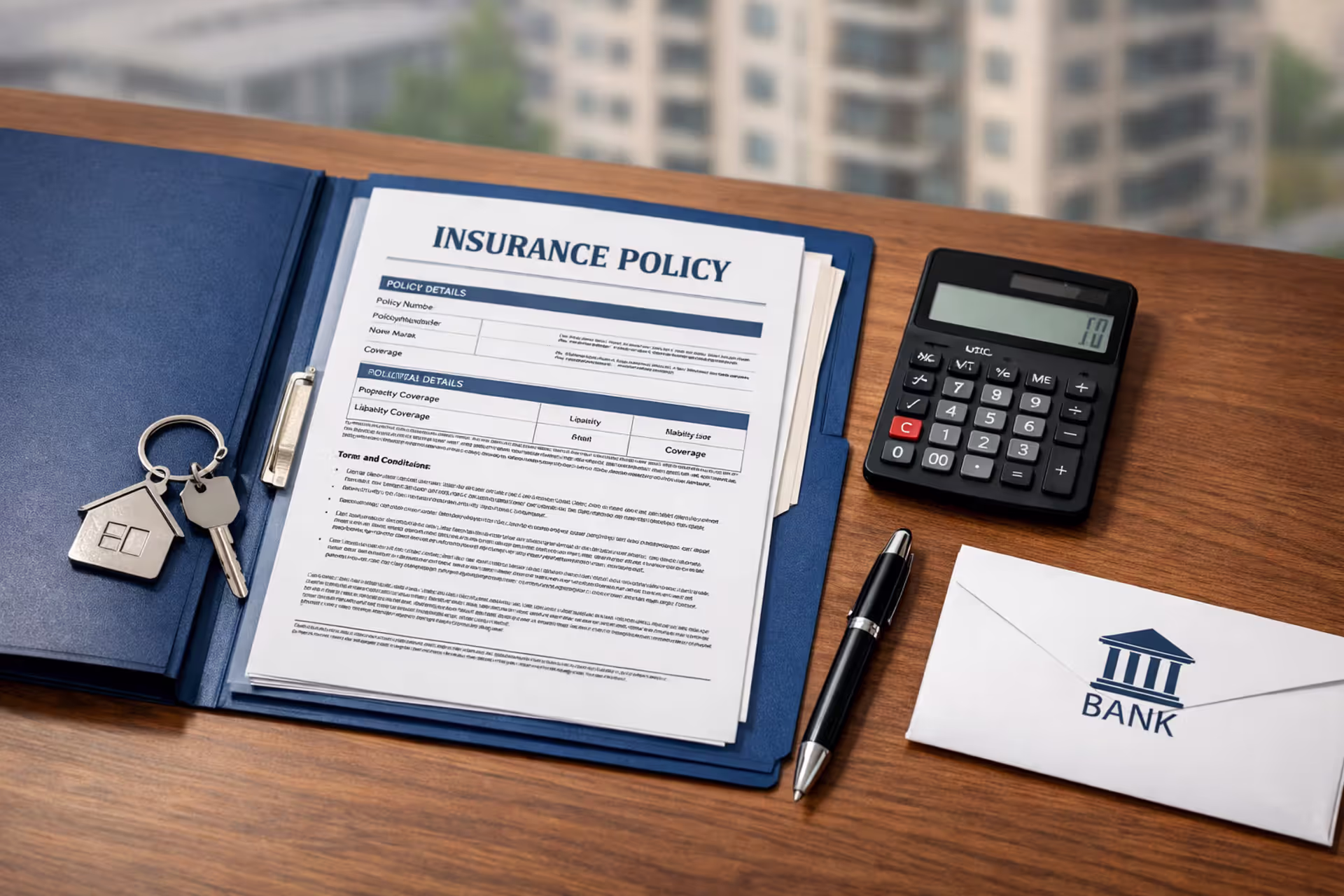 Desk with homeowners insurance documents, house key, calculator, pen, and bank envelope with a residential house in the background