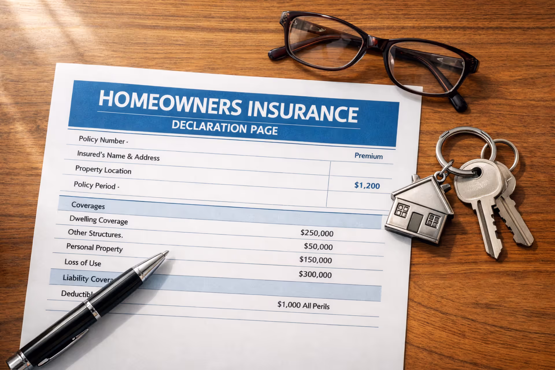 Homeowners insurance declaration page document on a wooden desk with pen, glasses, and house keys