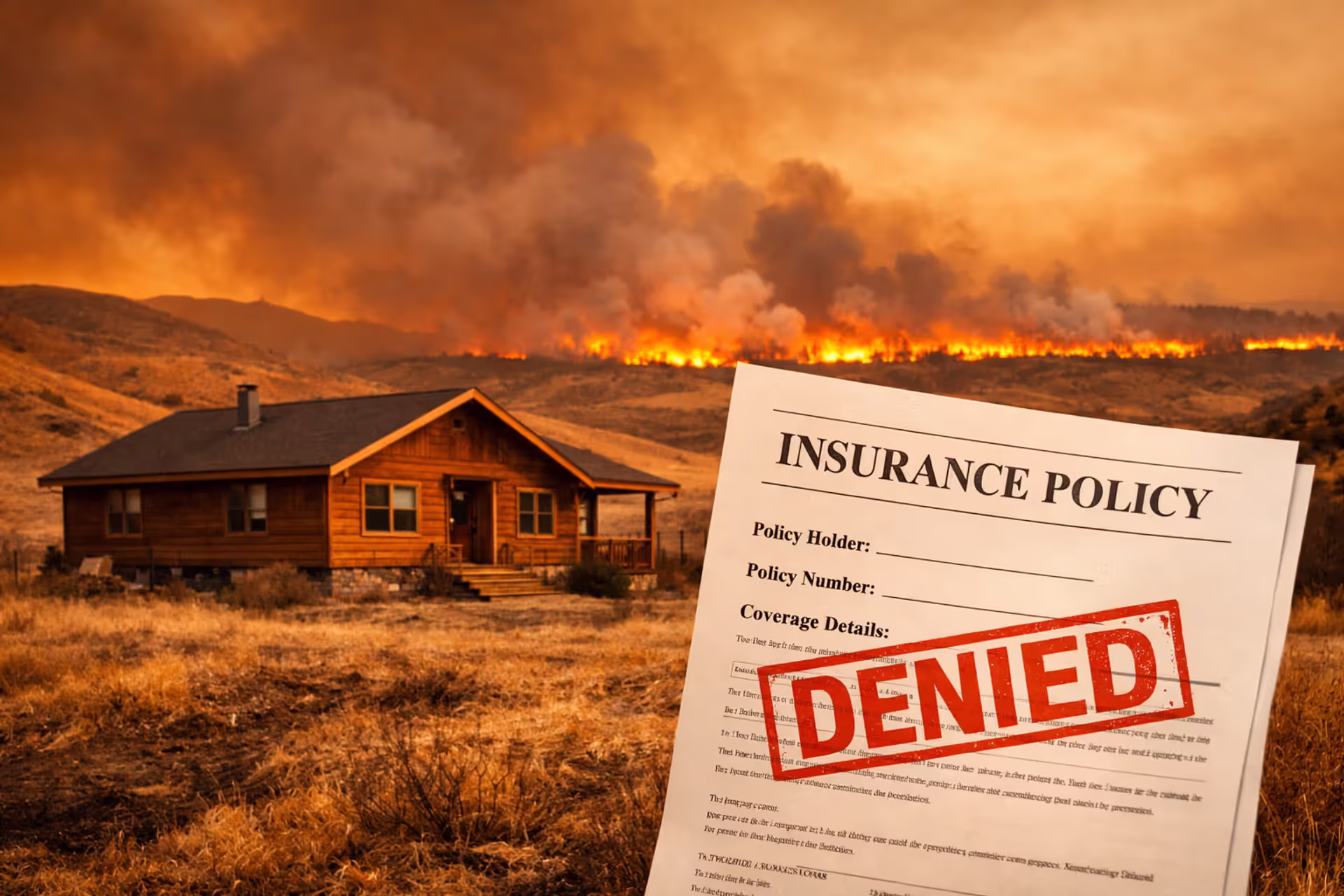 Suburban house in wildfire-prone area with denied insurance policy document and distant wildfire smoke on horizon