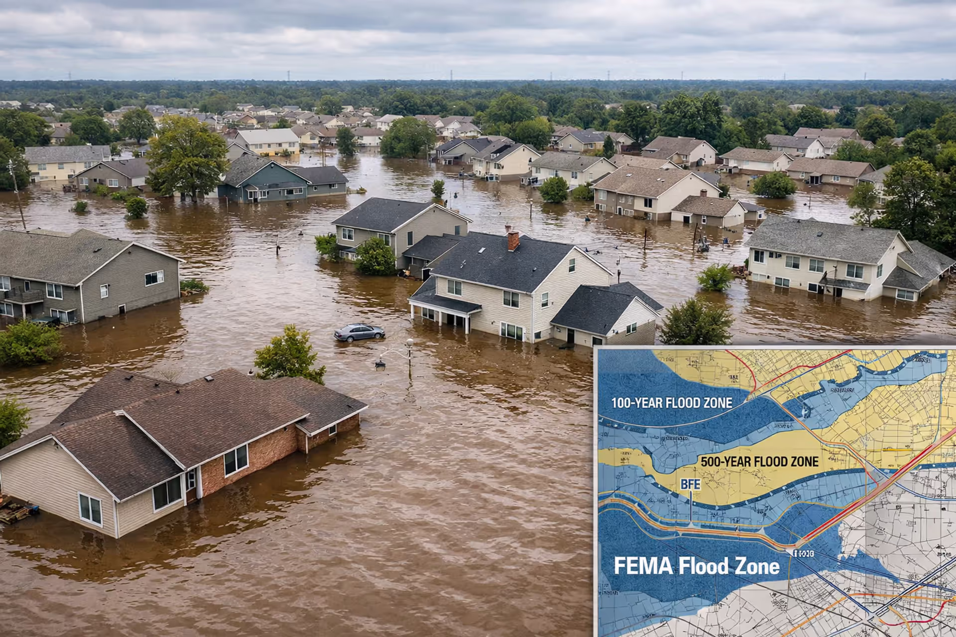 Aerial view of a flooded suburban neighborhood with residential houses partially submerged in floodwater
