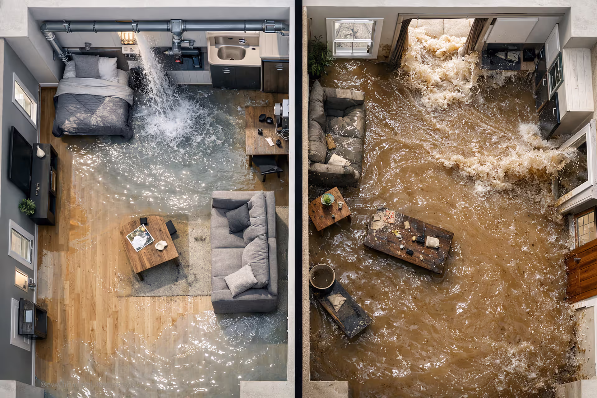 Split view of a house showing indoor pipe burst water damage on one side and external flood water entering through doors on the other side