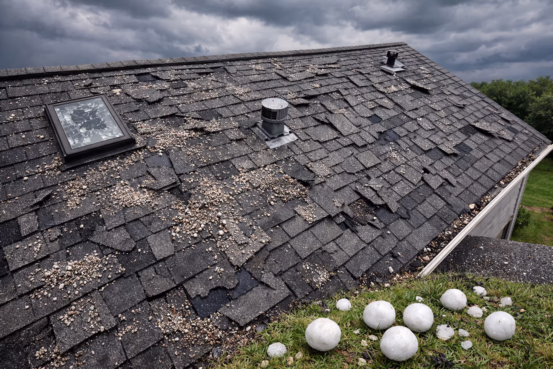 Suburban house roof with hail damage showing cracked asphalt shingles and scattered granules with golf-ball-sized hailstones on the ground and stormy sky